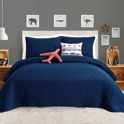 Urban Playground Airplane Navy Cotton Quilt Set with 2 Decorative Pillows