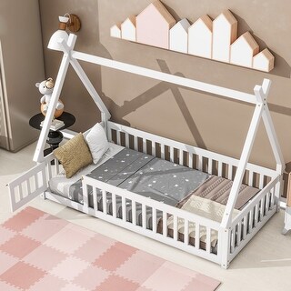 Modern Twin Size Pine Wood Tent-Shaped Floor Bed Frame with Guardrails, Slats, Door, No Need Spring Box