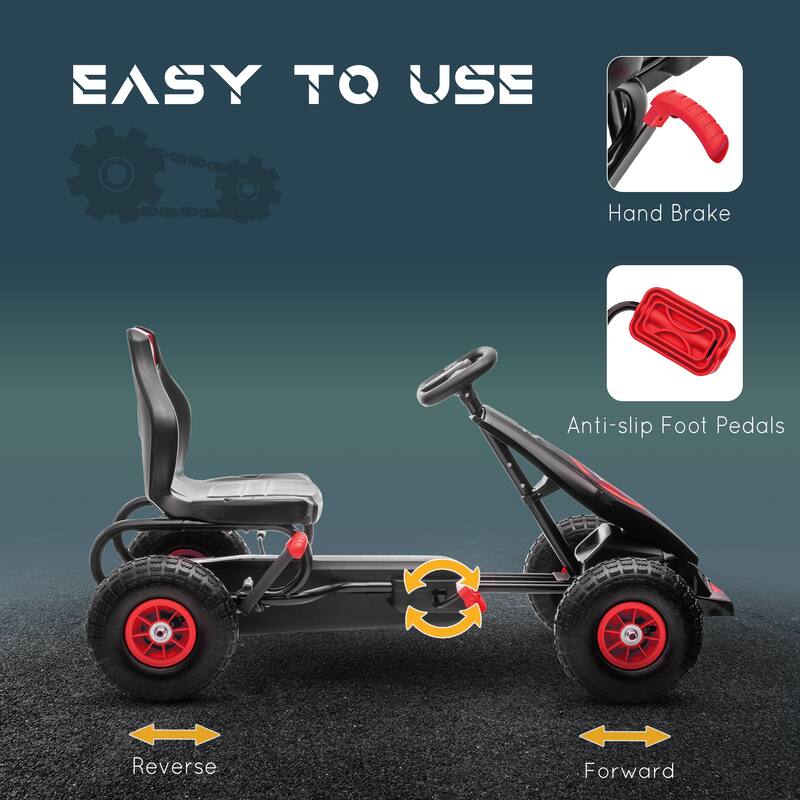 Durable Kids Pedal Go-Kart, 3-Position Seat, Shock-Absorbing Suspension - Red