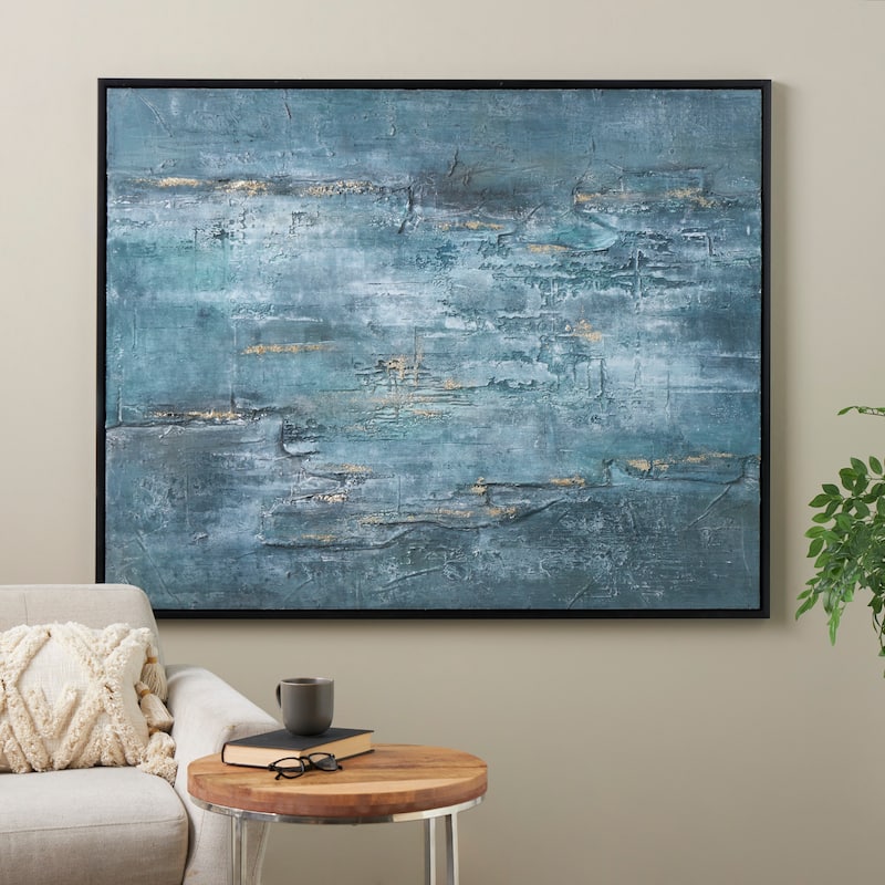 Polystone Abstract Silver Embellishments Framed Wall Art with Black Frame - Dark Blue - Roche River Decor