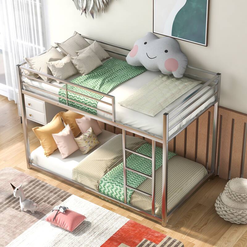 Metal Bunk Bed, Low Bunk Bed with Ladder