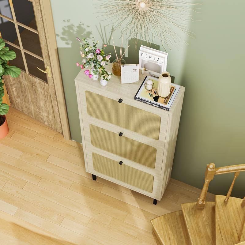 Bohotic Mid-Century Modern Style 3 Flip Drawers Shoe Cabinet Free Standing Shoe Rack for Home Office