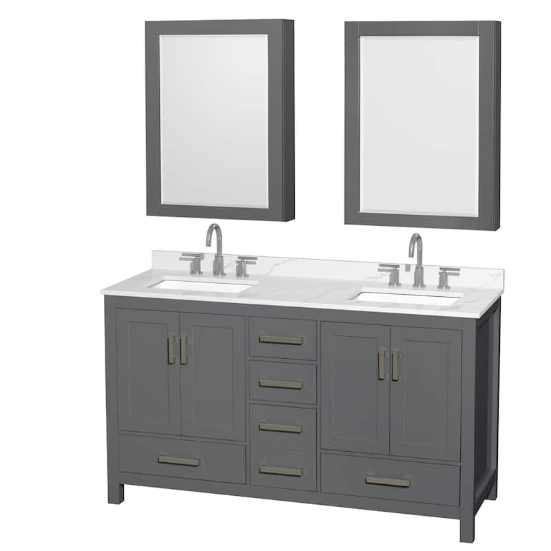 Sheffield 60-inch Double Vanity, 3 Hole Quartz Top, Med Cabinets