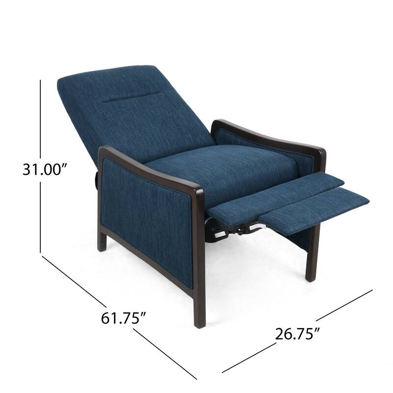 Navy Blue Mid-Century Upholstered Push-Back Recliner with Footrest and Birch Wood Frame