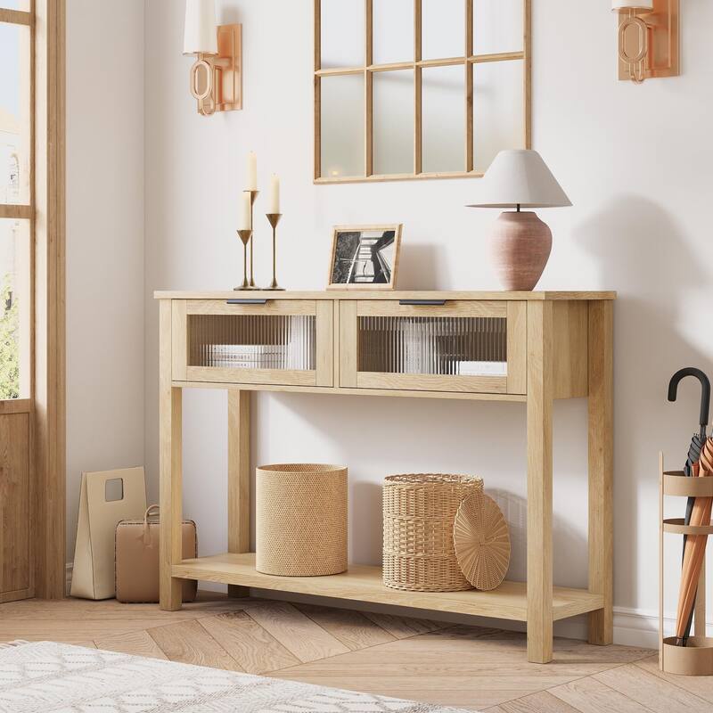 Entryway Table, Wood Console Table with 2 Glass Drawers