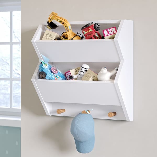 slide 2 of 12, RiverRidge Kids Catch-All Wall Bookshelf with 2 Toy Storage Cubbies and 3 Wooden Hooks for Playroom, Nursery - White
