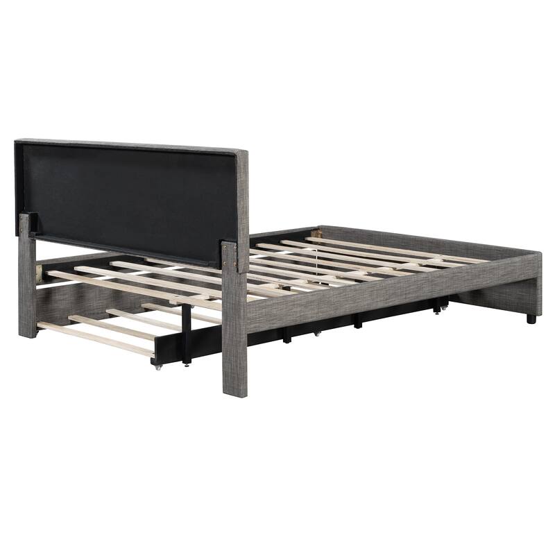 Queen Size Upholstered Platform Bed with Brick Pattern Headboard and Twin XL Size Trundle, Linen Fabric, Gray