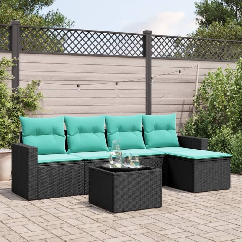 vidaXL Patio Sofa Set with Cushions Outdoor Conversation Furniture Poly Rattan - 25.8" x 24.4" x 27.2" - Black and blue with table