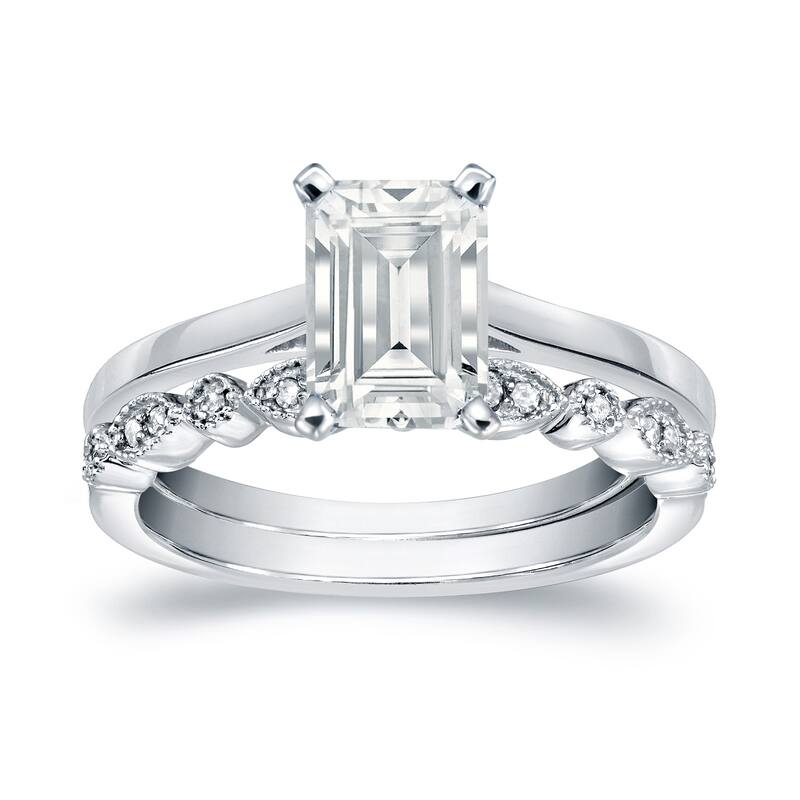 Auriya 14k Gold 7/8ctw Vintage Emerald-cut Solitaire Diamond Engagement Ring Set - White - 6