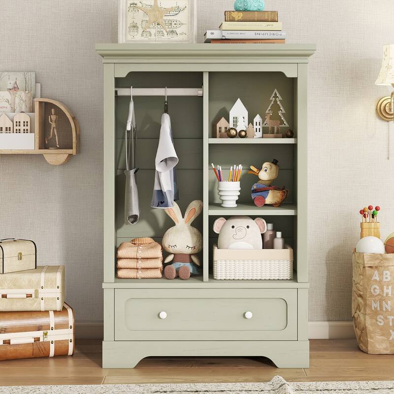 Open Children's Wardrobe with A Hanging Rod and Open Shelves
