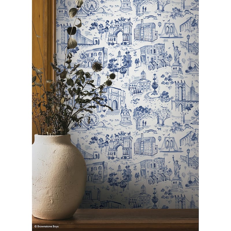 NuWallpaper Brownstone Boys Toile de New York Navy Peel and Stick Wallpaper - N/A