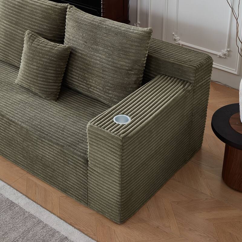 Modular Sectional Cloud Couch, Oversized Corduroy Fabric Deep Seat Sofa, Upholstered Sofa with Armrests & Cup Holders