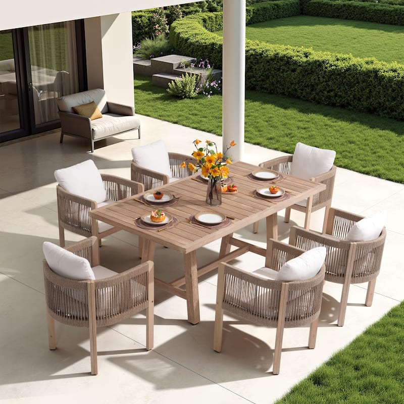 7 - Piece Wooden Outdoor Dining Set with Cushions - Beige