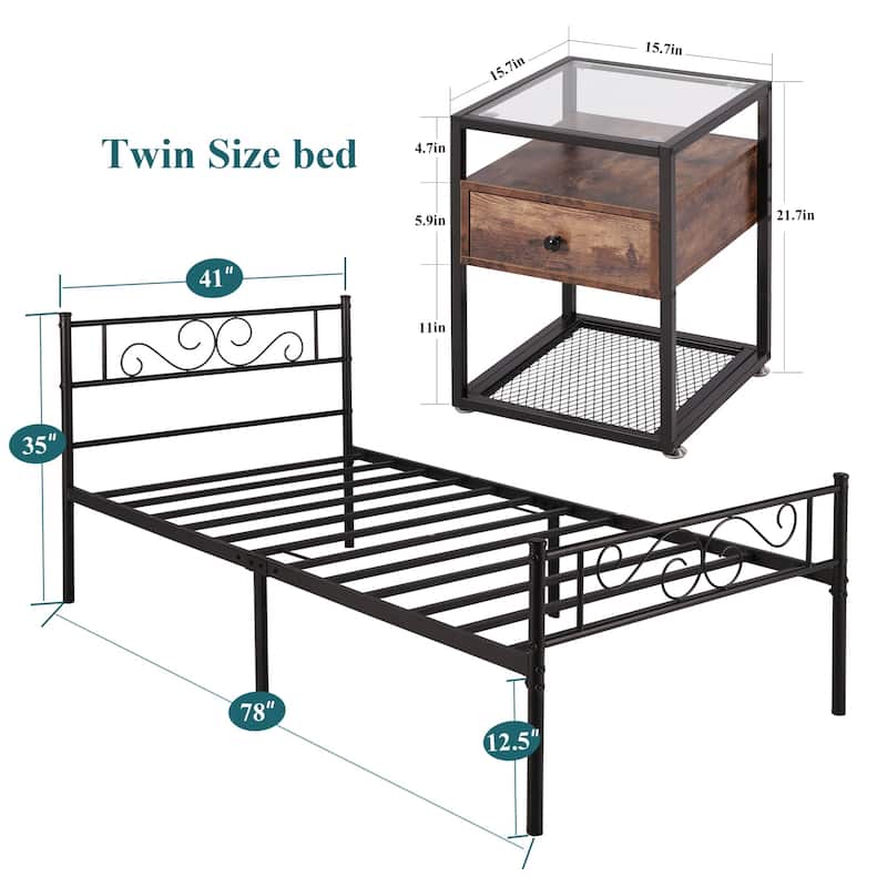 3-pieces Platform Bed Frame and Glass Top Nightstands Set of 2