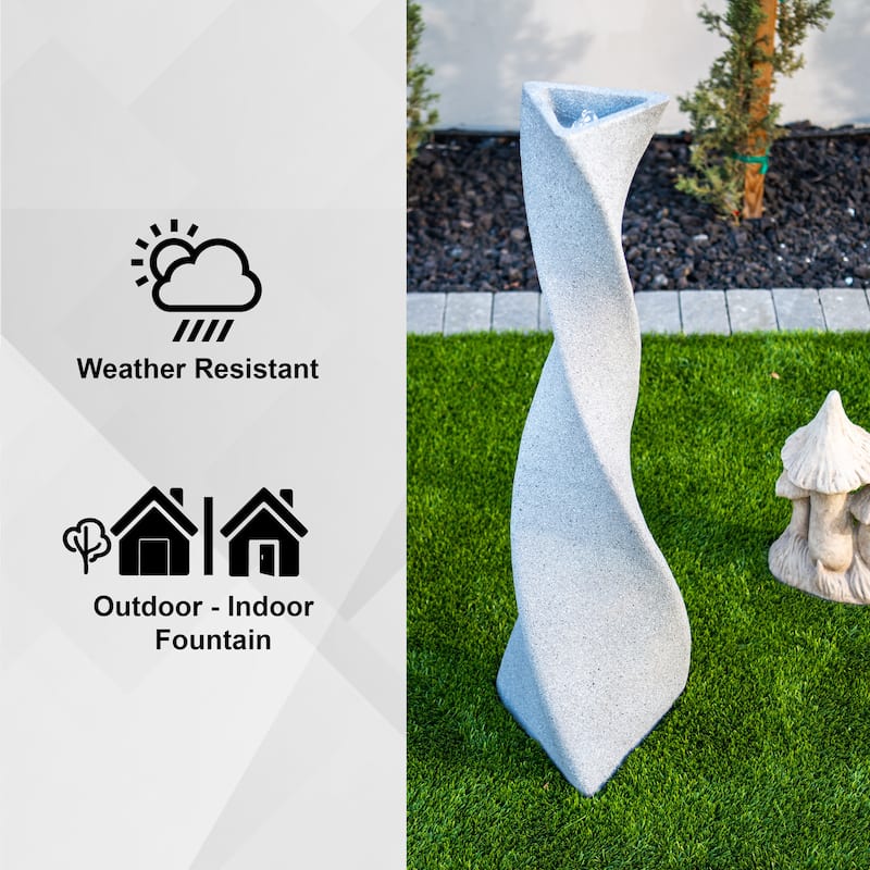 XBrand 39 in. H Freestanding Resin Fiberglass Sculptural Modern Twisted Pilar Outdoor Garden Fountain w/LED Light