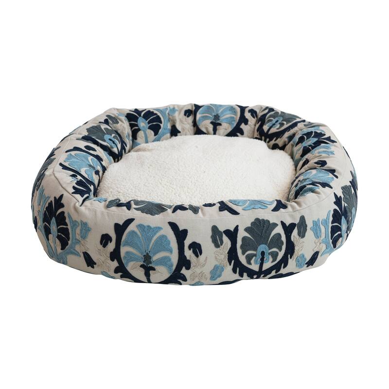 Cotton and Sherpa Pet Bed with Floral Design - Blue - 24.0"L x 24.0"W x 6.0"H