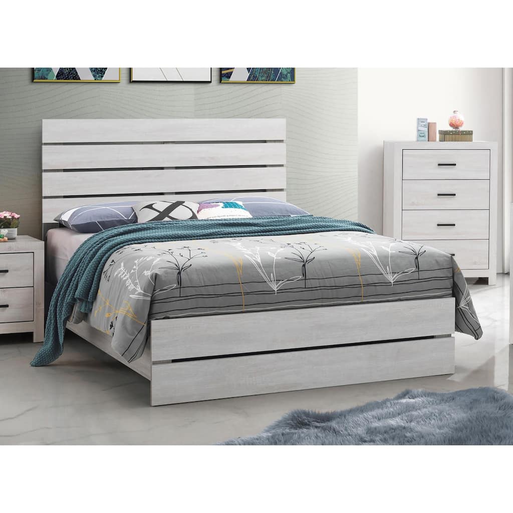 Coastal White Slatted Queen Panel Bed with Rustic Design