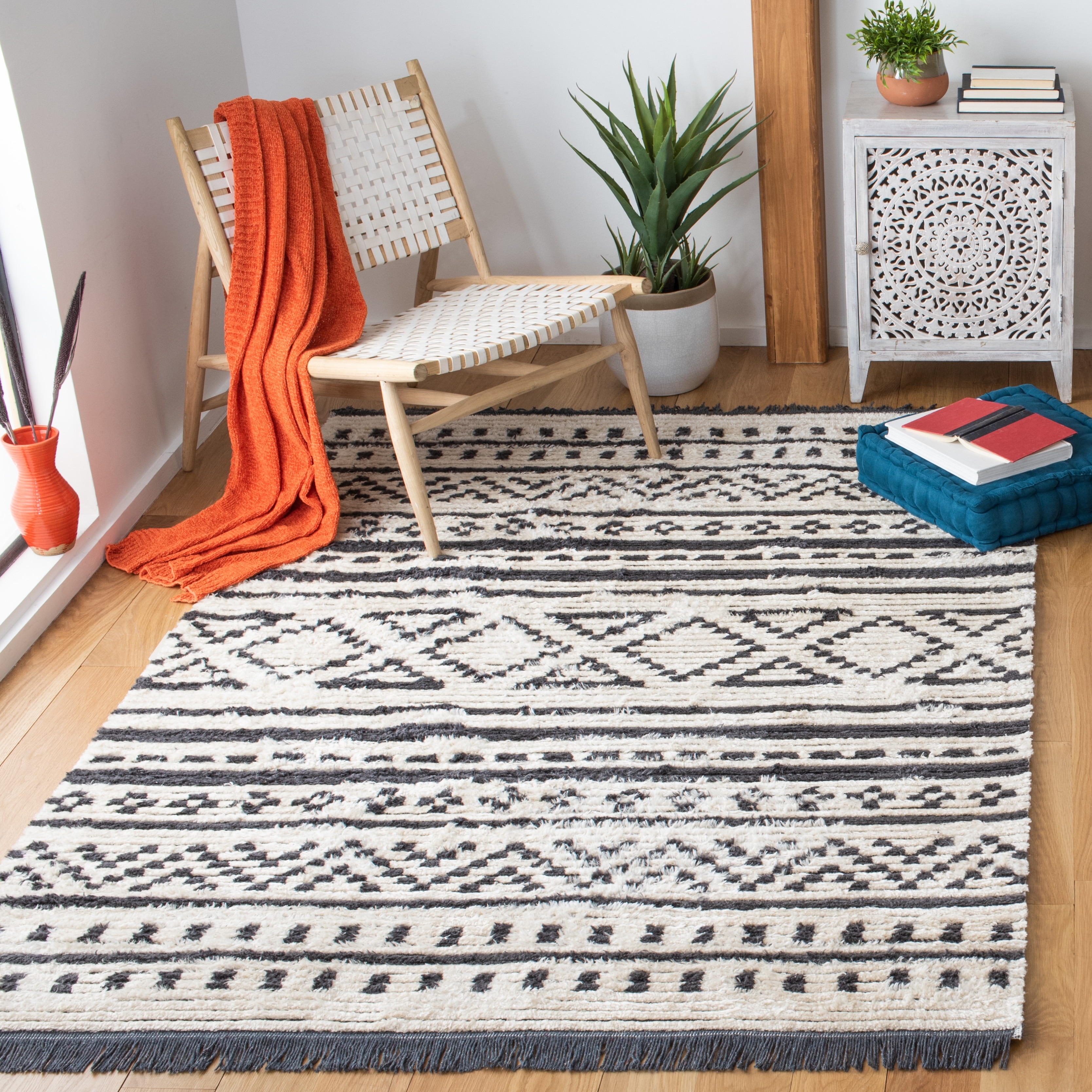 Black Safavieh Burko Collection BUR226A Moroccan Boho Fringe Runner 2'2 x 9' Ivory Black Safavieh Burko Collection BUR226A Moroccan Boho Fringe Runner 2'2 x 9' Ivory