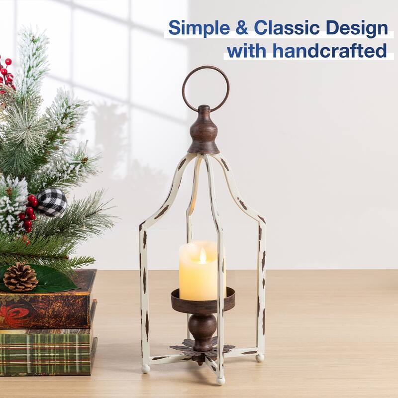 Glitzhome 16.50"H Modern Farmhouse Small Antique White Metal Lantern Candle Holder