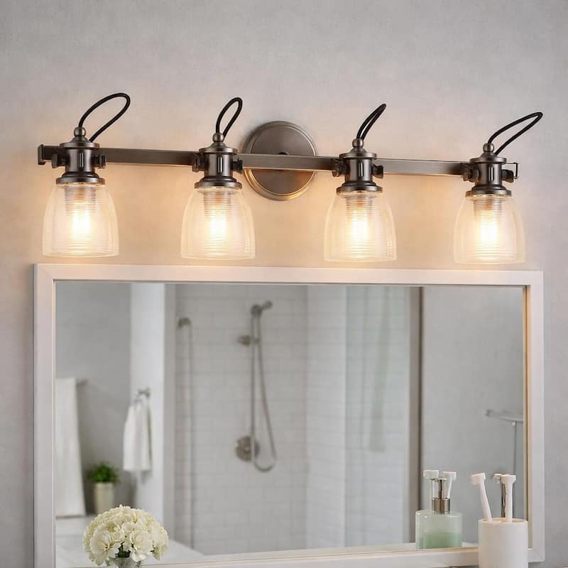 4 Light vanity Lamp with Clear Horizontal Ribbed Glass - Brushed Nickel