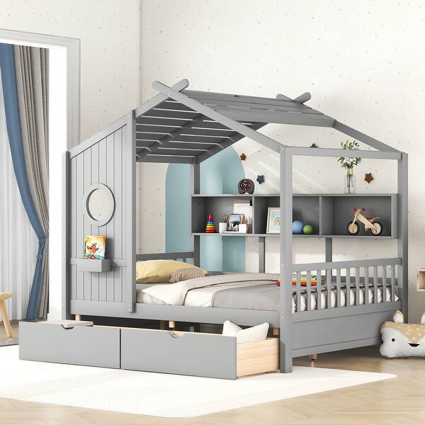 slide 2 of 18, Full Size Wooden House Bed with 2 Storage Drawers, Roof & Windows Design Grey