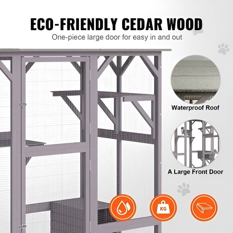 Gray Fir Wood Mesh Catio with 3 Tiers, 1 Door & Waterproof Roof
