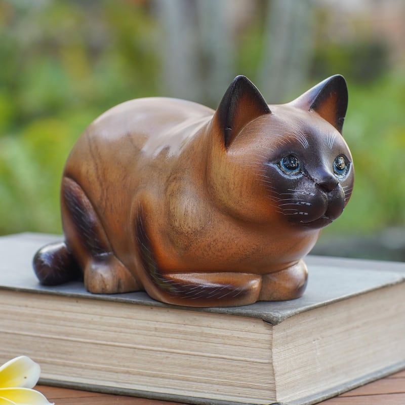 Novica Handmade Fat Cat In Brown Wood Statuette
