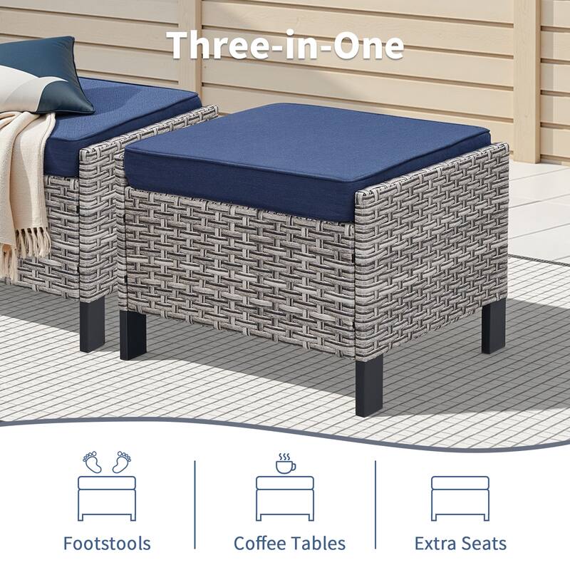 Pocassy Outdoor Wicker 2-Piece Ottoman Chair with Cushion