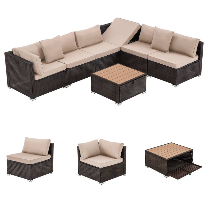 EROMMY 6/7 Piece Modular Outdoor Rattan Sofa Set, All-Weather Wicker Patio Furniture with Storage Table, Cushions & Pillows