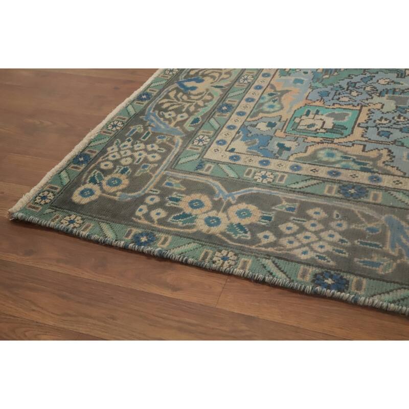 Hand Knotted Oriental 100% Wool Carpet Traditional Floral Green Tabriz Area Rug - 9' 8'' X 6' 7''