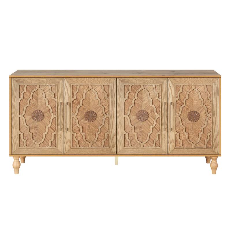 63'' Cabinet with Metal Handle, Carved Flower Doors, Mordern Sideboard Console with Adjustable Shelves for Living Room, Kitchen