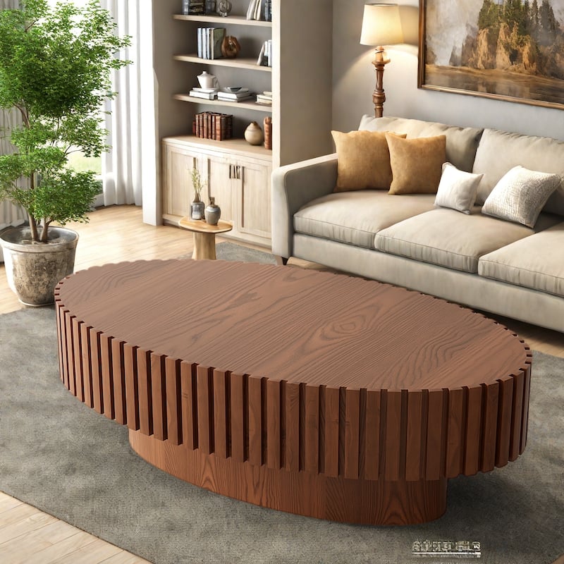 43.31" MDF Modern Coffee Table with Handcrafted Solid Wood Reliefs, Easy Assembly - Natural Wood