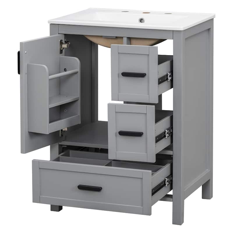 Solid Wood Frame Bathroom Vanity Cabinet with Ceramic Sink, Space-Saving 24-Inch Vanity