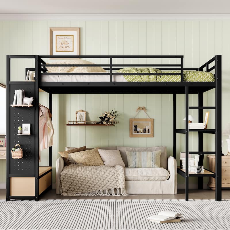 Metal Bed Frame Queen Size Loft Bed with Open Wardrobe, Hanging Rod, Storage Shelves, Pegboard and Bottom Drawers