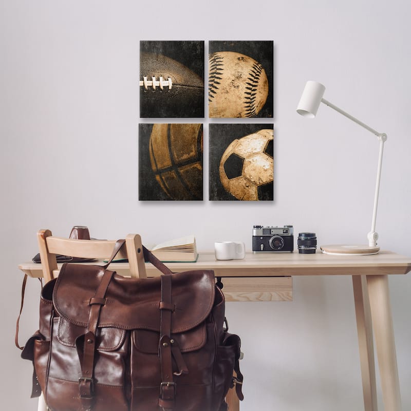 Stupell Distressed Vintage Sports Balls Canvas Wall Art Design By Kim Allen (Set of 4)