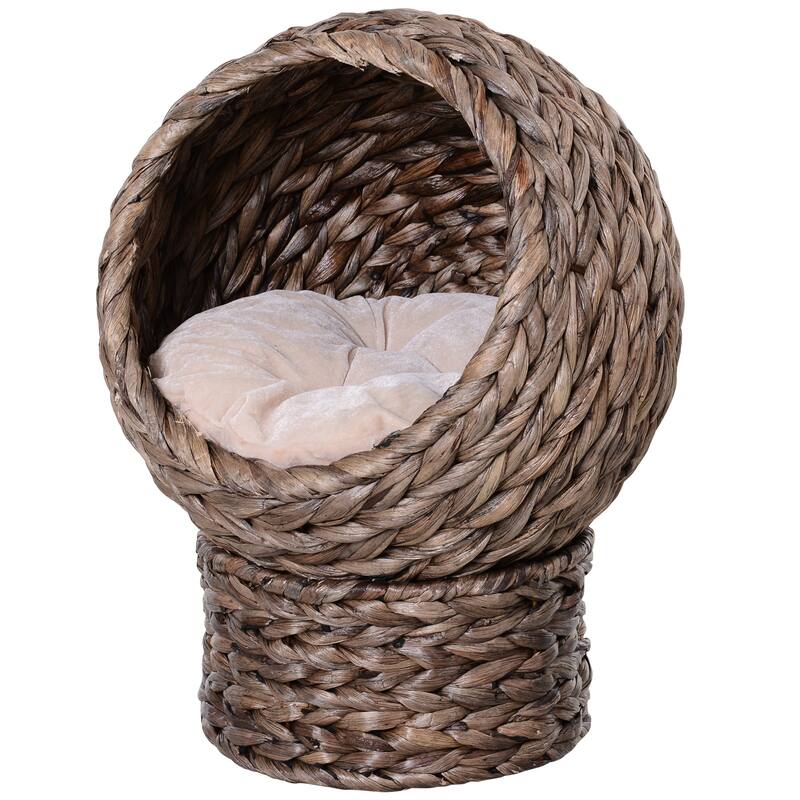 PawHut Handwoven Elevated Cat Bed with Soft Cushion & Cat Egg Chair Shape