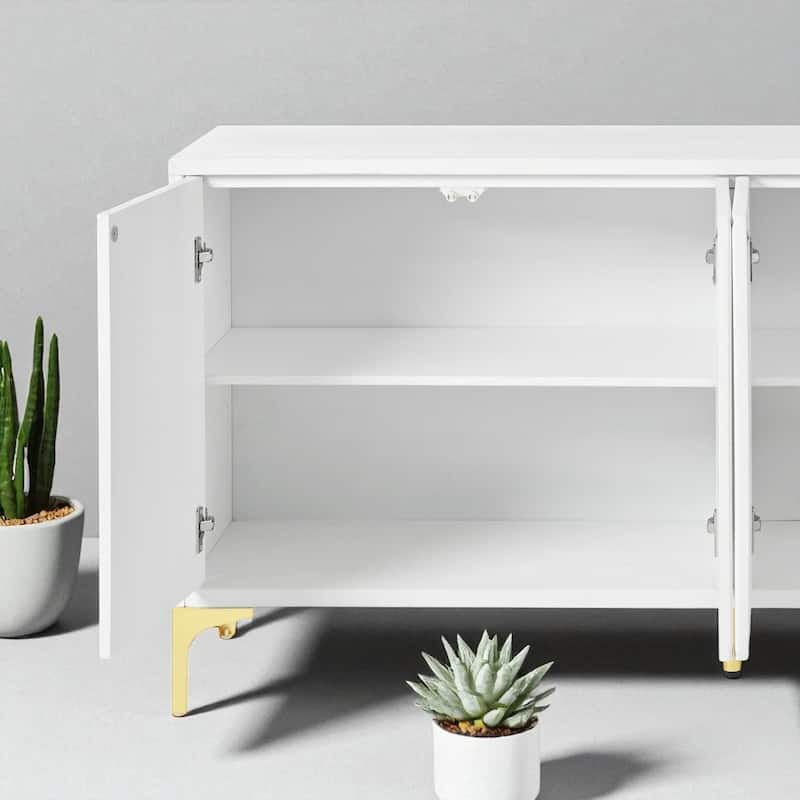 Modern 4-Door Wood Sideboard with Carved Panels, Push-to-Open Doors, Adjustable Shelves and Metal Legs