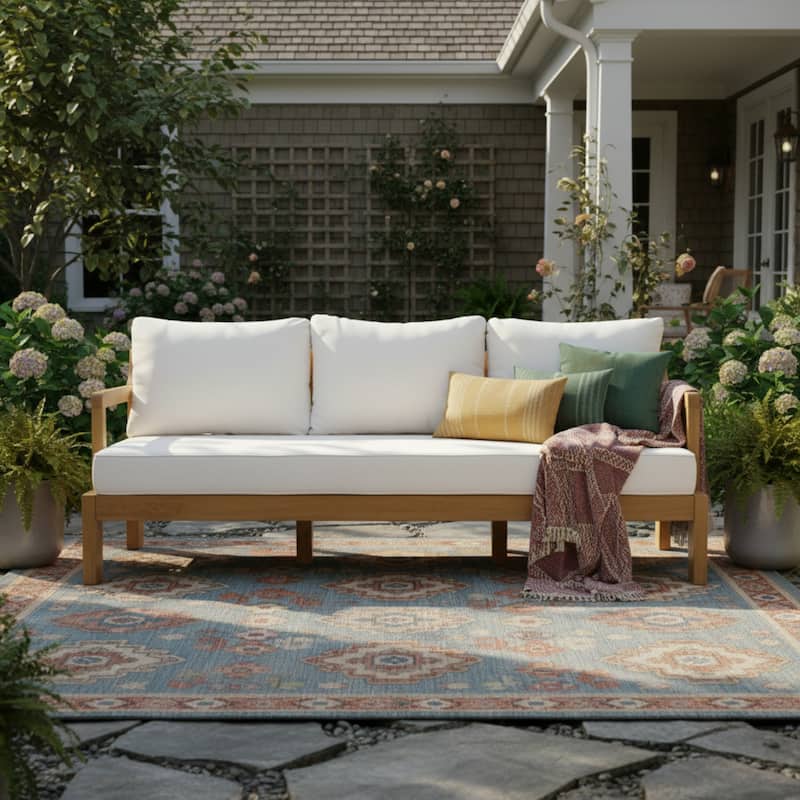 Christopher Knight Home - Modern Outdoor Acacia Wood 3-Seater Patio Sofa with Removable Water-Resistant Cushions