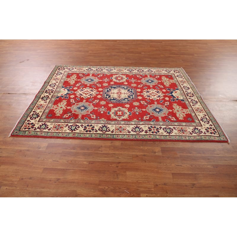Geometric Red Kazak Oriental Rug Hand-Knotted Living Room Wool Carpet - 5'0" x 6'8"