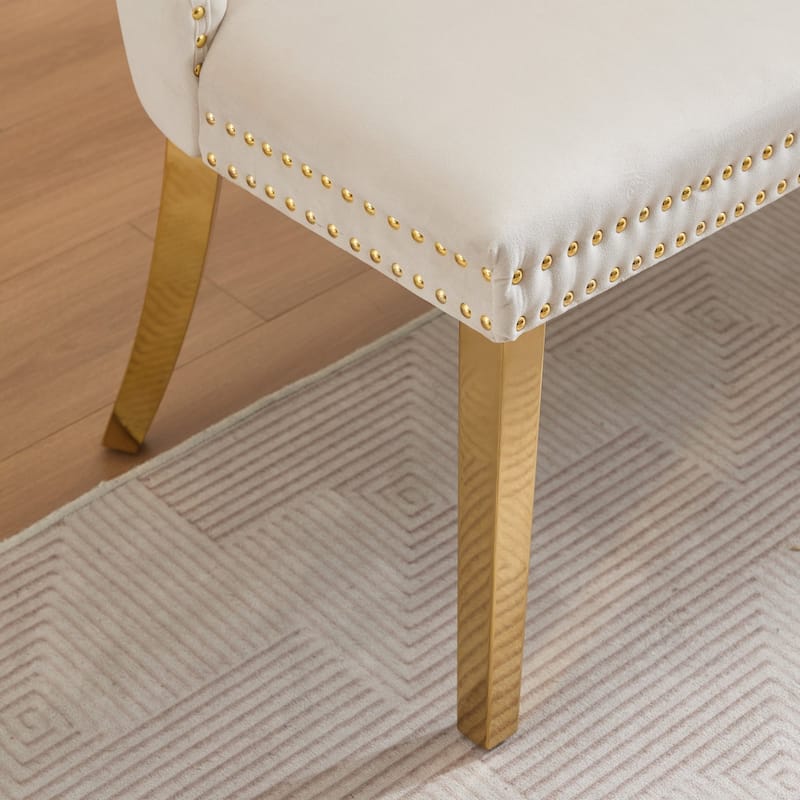 Velvet Double Dining Loveseat Bench, 2-Seat Tufted Bench w/Handmade Buttons, Wing Back, Gold-Plated Steel Legs, Single Pack