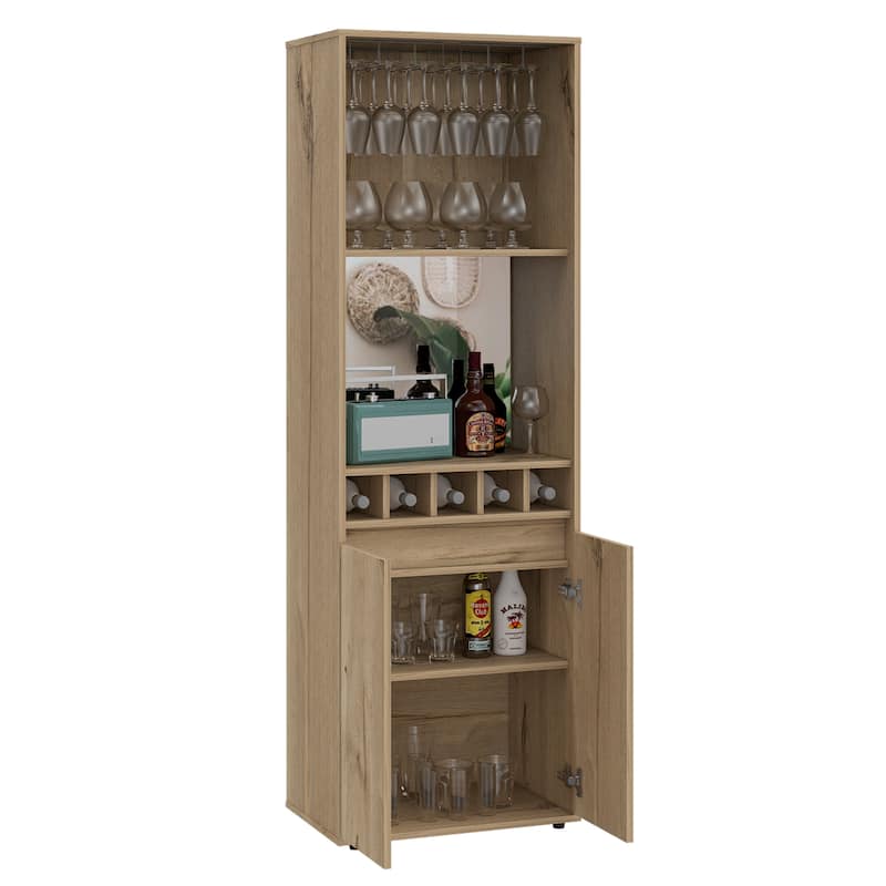 Redding Bar Cabinet, One Cabinet, Interior Shelves, Five Bottle Cubbies, Two Shelves, Light Oak