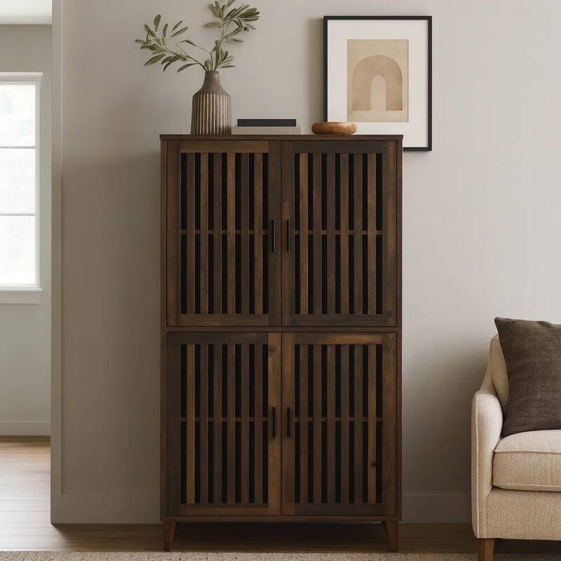 69 Inch Tall Accent Cabinet, Vertical Slatted Design, Brown and Black