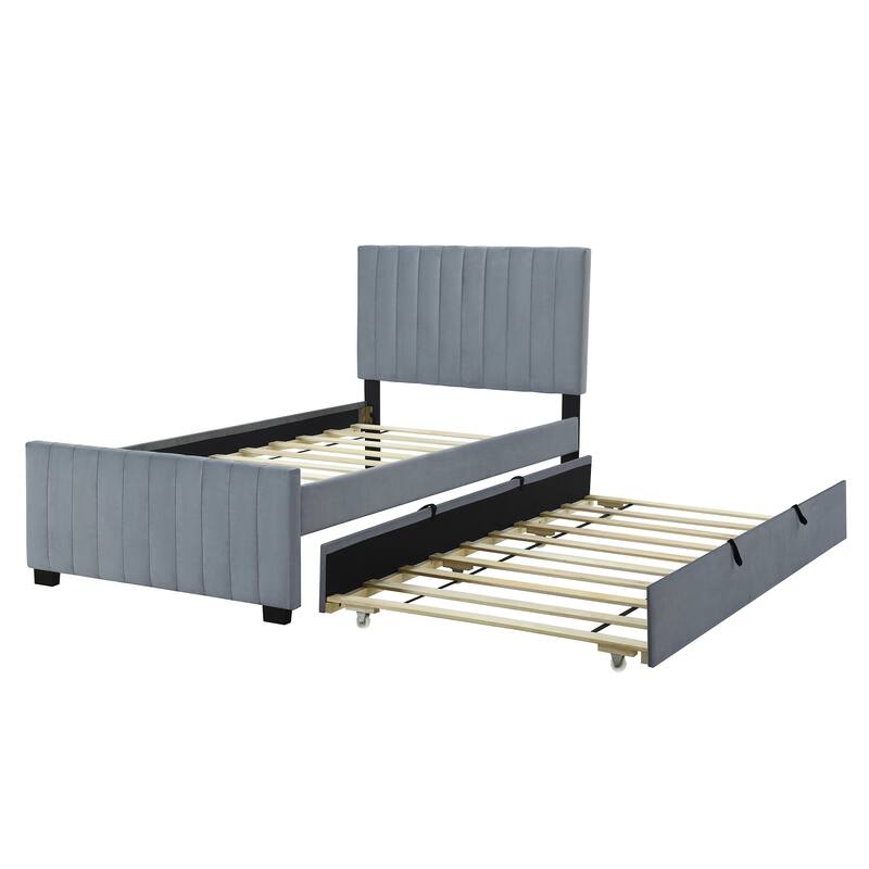 Twin Size Velvet Upholstered Platform Bed with Trundle, Gray
