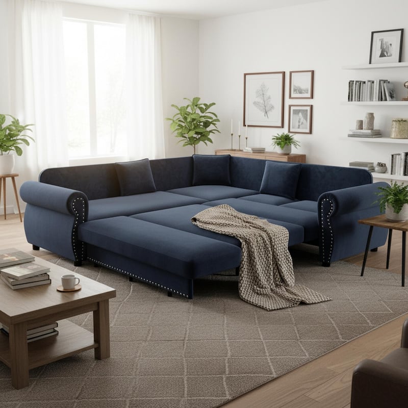 Homy Casa L-Shaped Sectional Sofa w/ Pull-Out Bed, Chenille Sleeper Couch w/ Nailhead Trim & Rolled Arm, Oversize