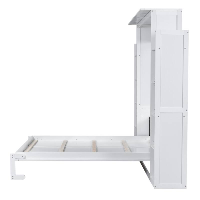 Solid Wood Murphy Wall Bed w/ LED Lights & Open Storage Shelves, Full/Queen Size Folding Murphy Cabinet Bed, Space Saving Design