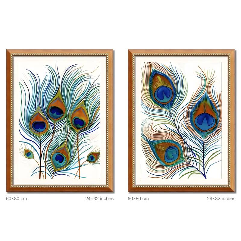 Set of 2 Peacock Feather Framed Wall Art - Replaceable Canvas Prints with Solid Wood Picture Frames, Elegant Botanical