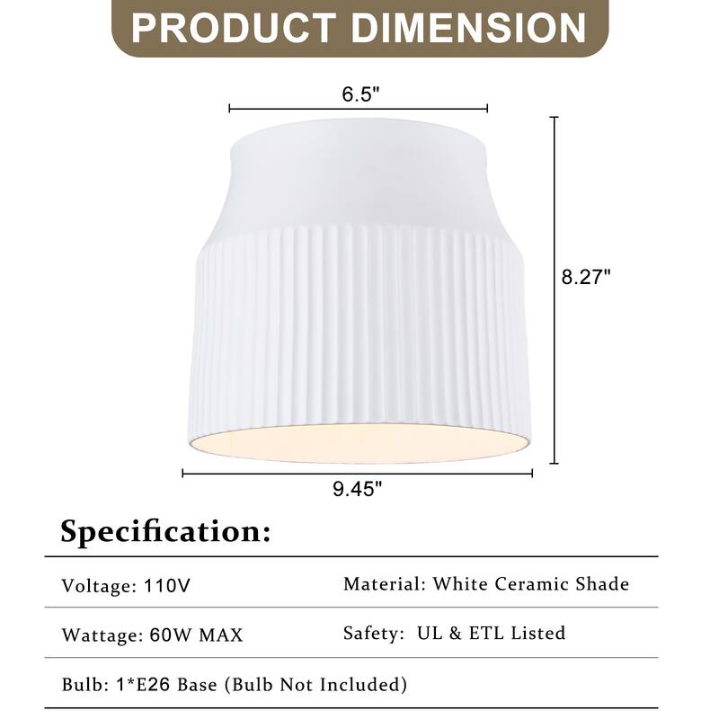1-Light Matte White Flush Mount Ceiling Light with Ceramic Drum Shade - Dia.9.45-in