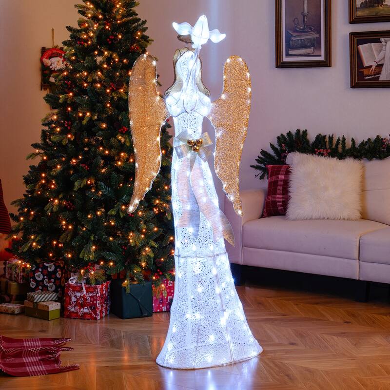 White-Gold Metal Tinsel 3D Lighted Halo Angel Christmas Decoration with 150 LED Lights - 23.5" x 12" x 5.5 ft