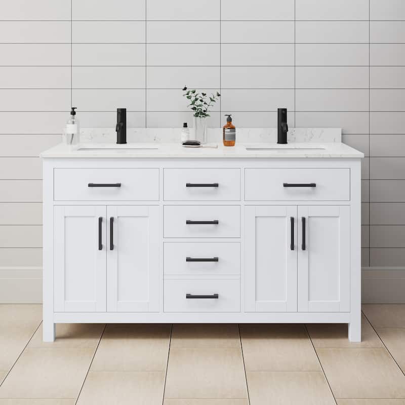 Wyndham Collection Beckett 60" Free Standing Double Basin Vanity Set - White / Carrara Cultured Marble Top / Matte Black