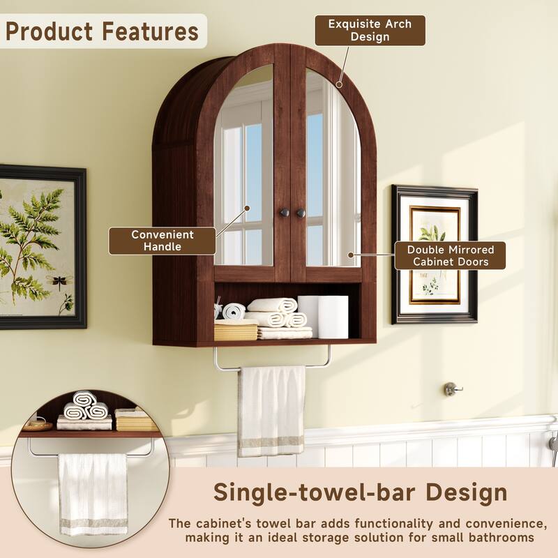 Wall Mounted Arched Cabinet with Mirrored Doors and Adjustable Shelves for Laundry Room, Bathroom, Kitchen